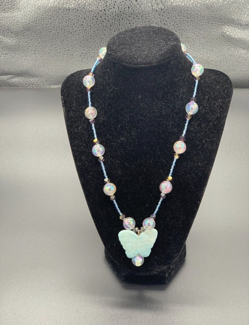 Floating Blue Butterfly Opal Glass Crystal Necklace