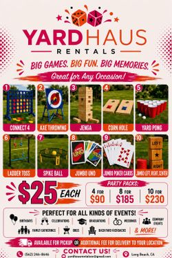 Jumbo Jenga, Connect 4, Axe Throwing, Cornhole