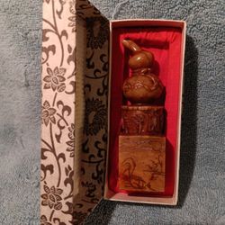 Vintage Chinese Carved Soapston Stamp- Original Silk Box 4" Tall