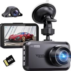  4K+4K Dash Cam Front and Rear,64G SD Card,2160P+2160P UHD Dual Dash Camera for Cars,176°+160°Wide Angle,3.5'' IPS Screen Dashcam,Loop Recording,G-Sen