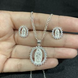 .925 Sterling Silver Virgin Guadalupe CZ Pendant Mariner Necklace & Earrings SET