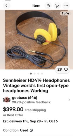 Sennheiser HD414 Headphones Vintage world's first open-type