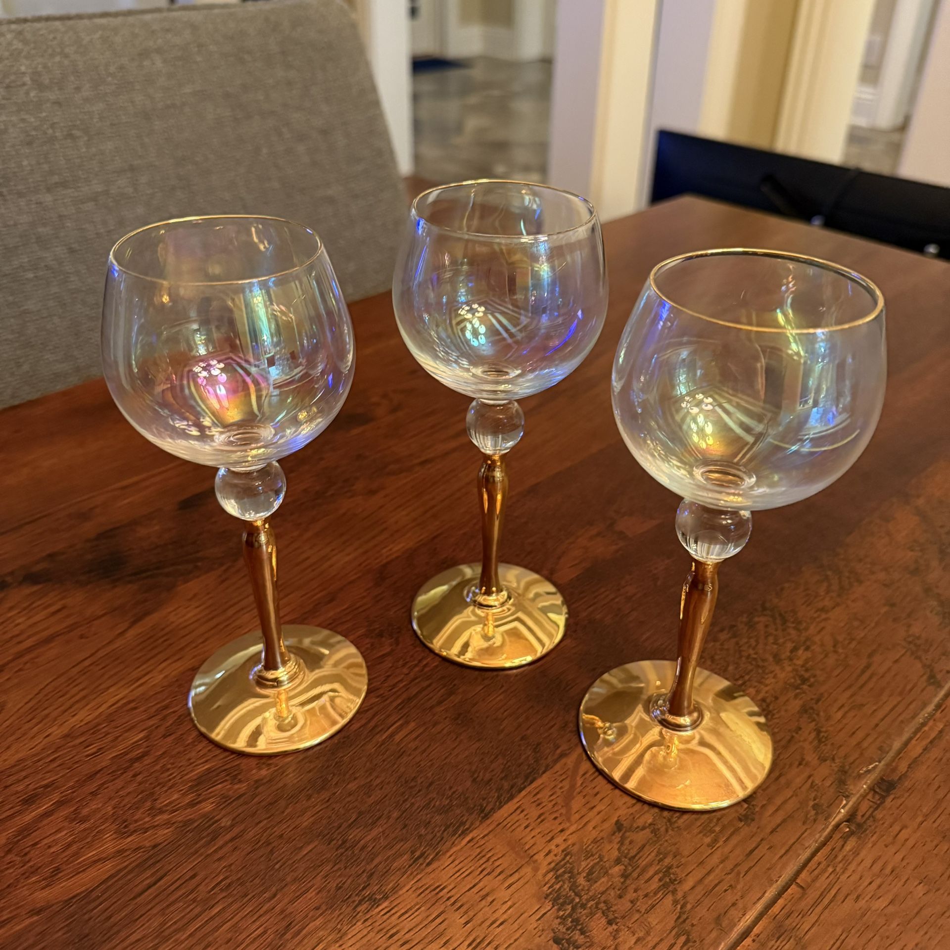 (3) Vintage Iridescent Wine Glasses Gold Stem Base Set of 3 Art Glass 7.25”