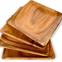 Wooden Plates, Handmade Set of 4, Durable Versatile Tableware for Side Dish, Bread, Snacks, Desserts, Acacia Wood Charcuterie Server, Natural, Rustic 