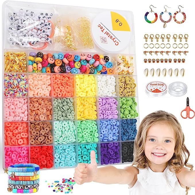 KESIYI 5500 Pcs-Crafts for Girls Ages 8-12, Clay Beads for Bracelet Making kit,Friendship Bracelet kit,24 Colors 6mm Flat Round Polymer with Charms an