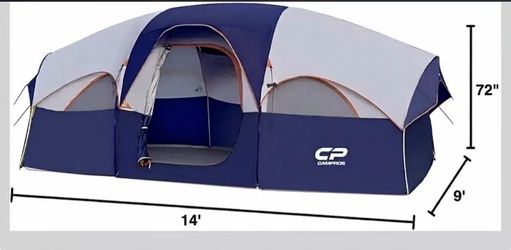 8 Person Camping Tent, Room Divider, Rainfly, Weather Resistant Family tent with 5 large mesh windows, double-layer design, and a carry bag, 14' x 9' 