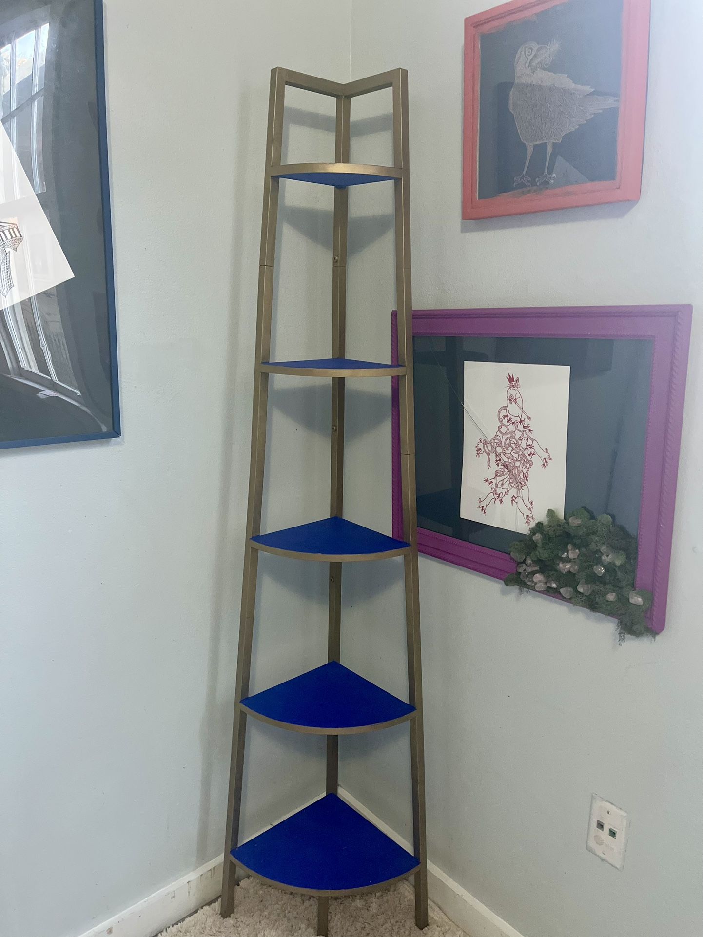 Five Tier Blue and Gold Corner Bookshelf 