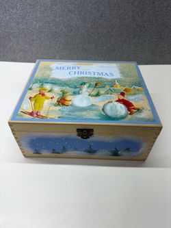 Wooden Merry Christmas Decorative Storage Box – Winter Snowman Scene