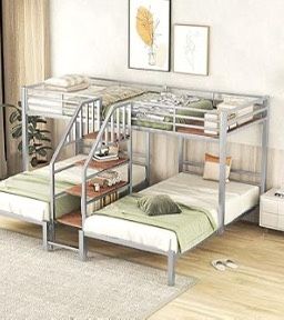 BOVZA Twin Size L-Shaped Metal Triple Bunk