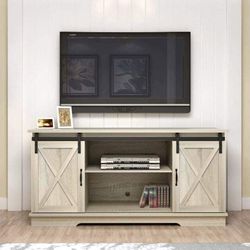 White Oak Living Room TV Stand Sliding Barn Door Design up to 65 inch TV