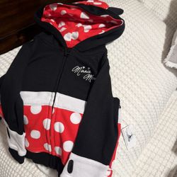 New Minnie Mouse Disney Black Red Polka Dot Zip Up Hoodie Ears & Bow Size 2T