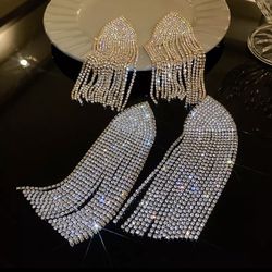 Gold Silver Full Rhinestone Drop Earrings Oversize Long Tassel Crystal Earrings for Women Statement Jewelry