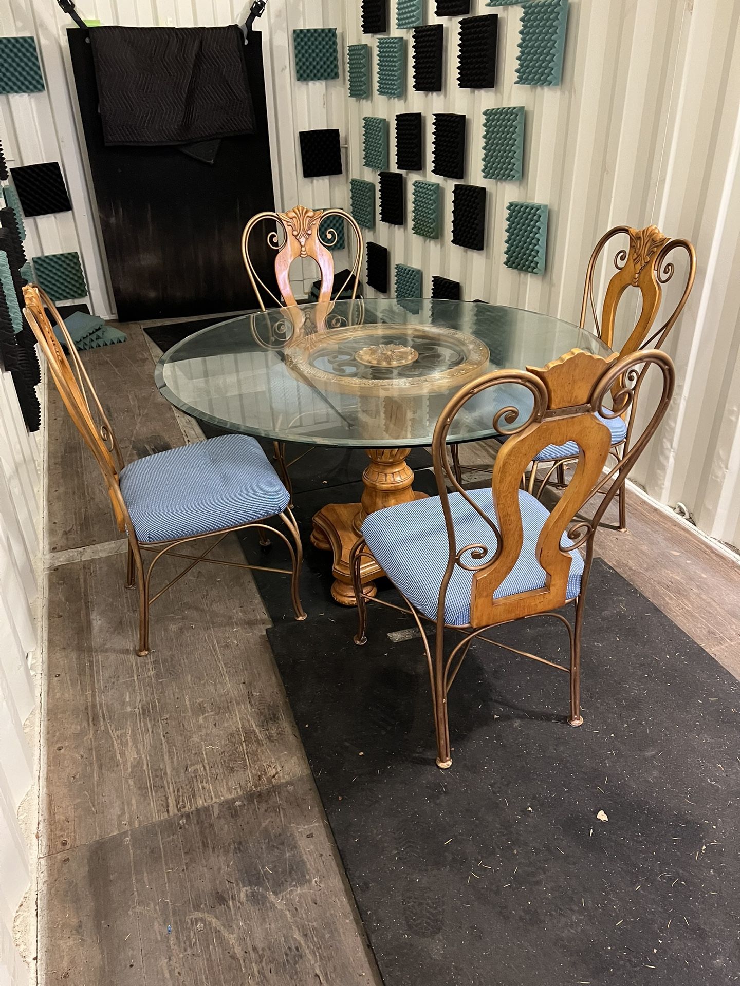 Glass And Hand Carved Wood Table And Chairs