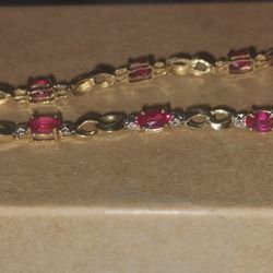 10k Gold Ruby And  Diamond Tennis  Bracelet 7" 