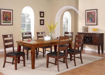 Brand new brown dining table (60" + 18" LEAF x 42" x 30"H) + 6 chairs