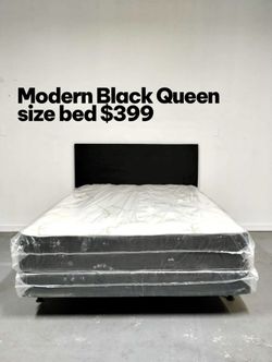 🖤 Queen Size Bed  Includes headboard, frame, and mattress! Beautiful black velvet headboard with silver nailhead trim elegant and modern style that f