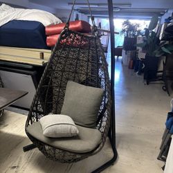 Set of 2- Wicker Hanging Egg Chairs with Stand