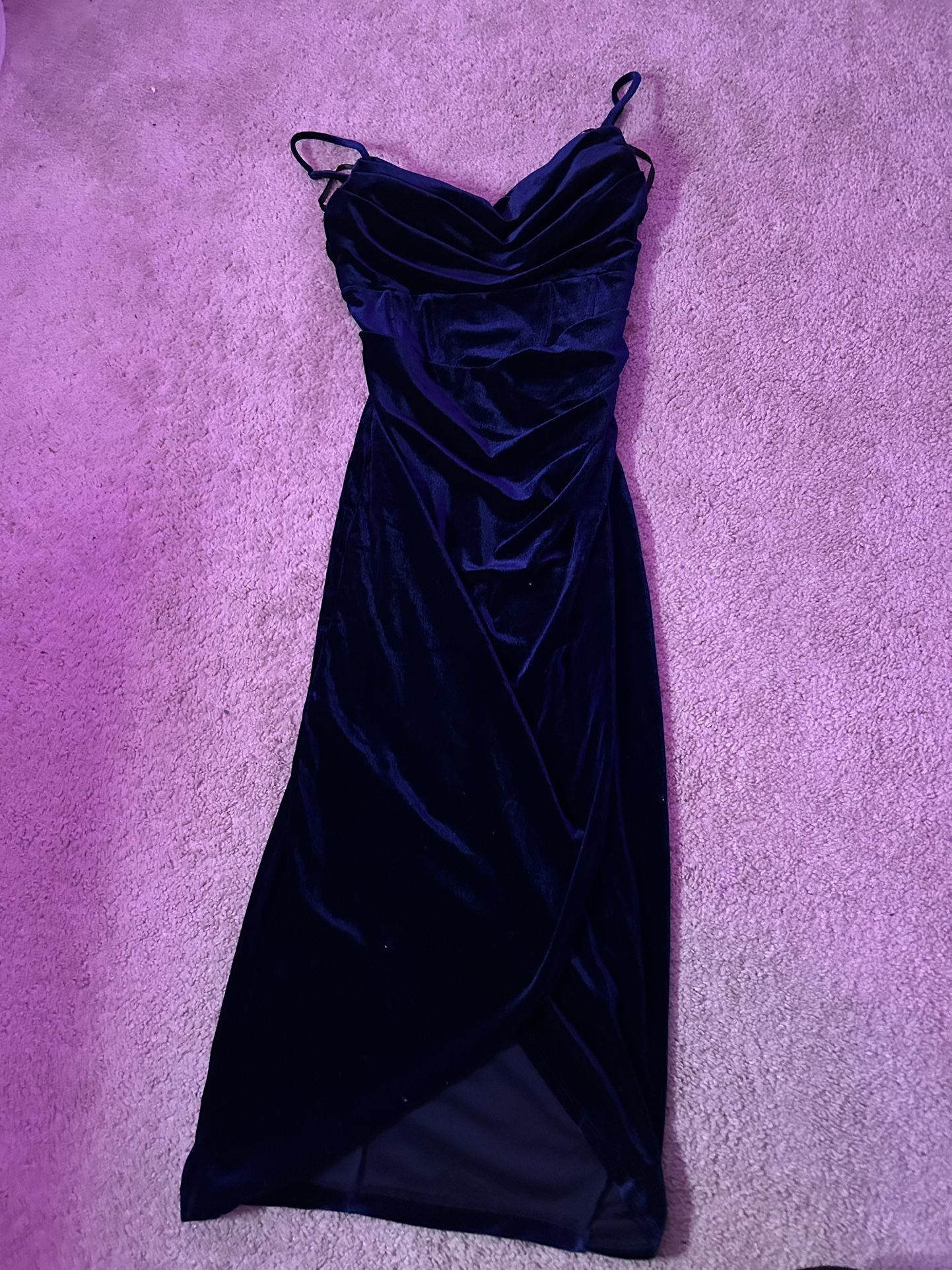 Windsor velvet navy blue corset dress, leg slit, size large