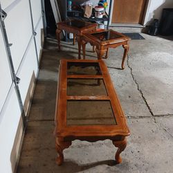 Wood Glass-top Coffee Table W/ Matching End Tables