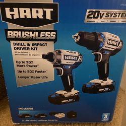 HART BRUSHLESS DRILL & IMPACT KIT 2 Batteries  Charger, Case