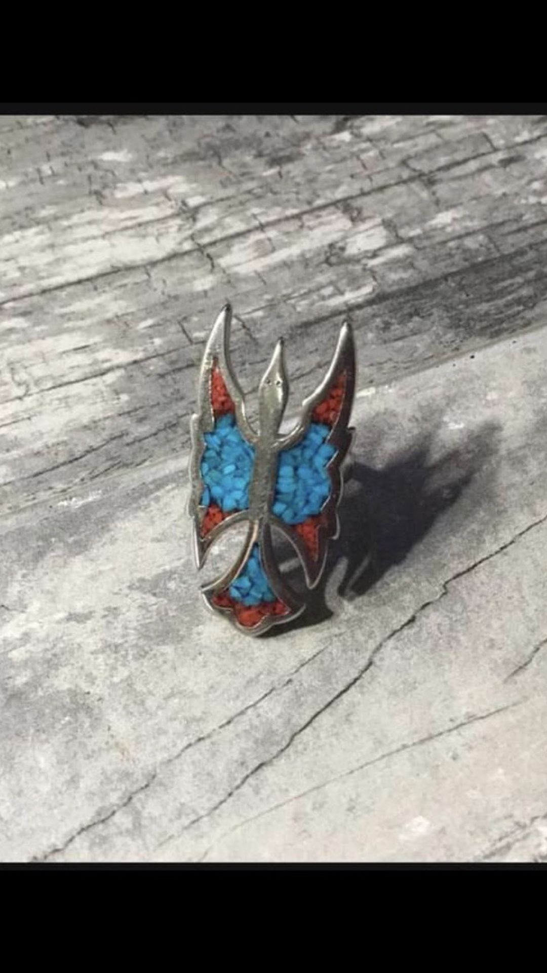 Sterling Silver Peyote Bird Turquoise & Coral Inlay ring size 8