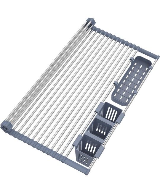 Extra Large Expandable Roll Up Dish Drying Rack Up To 25.1''with 2 Storage Baske