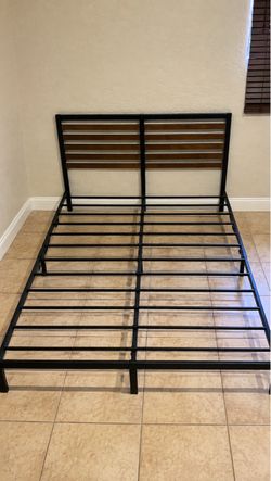 Metal Bed Frame with Wood Slat Headboard