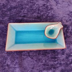 Zazen Home Stoneware Blue Crackle Sushi Dish Set Black On Bottom Blue Glaze Top