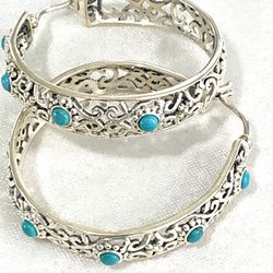 Sterling Silver Hoop Earrings With Turquoise 