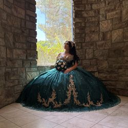 Quince dress, emerald green, size large 