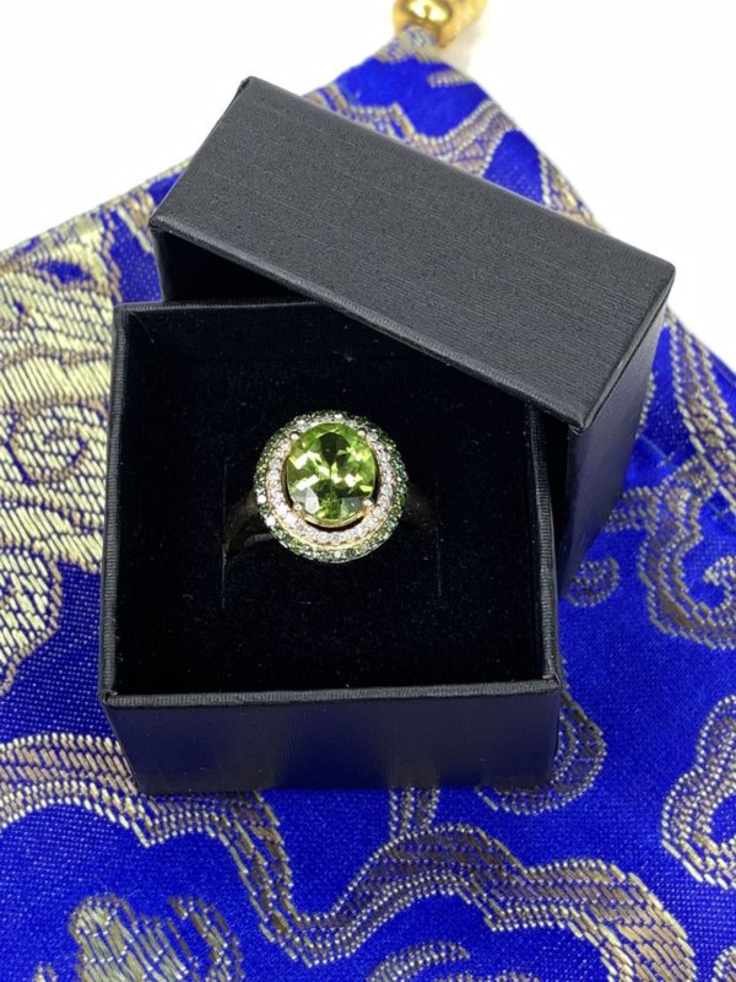 10k Gold Over 925 Sterling Silver Peridot Halo and White Zircon Ring (Sizable)