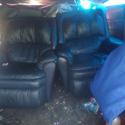 Leather Love Seats X2 Blue W/Long Leather Couch Too 