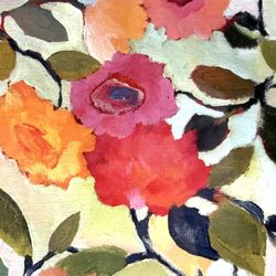 Kim Parker “Wild Roses”Botanical Modern Art Tile Print Framed / Glass 13x13  Backing Paper is Torn 