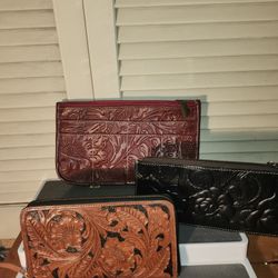 3 Leather tool wallets/ 3 Colors With ornate tooled design in quality leather