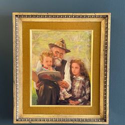 Vintage Portrait Painting of Family Reading, c.1950’s - Delivery Available
