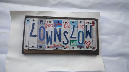 CUSTOM LICENSE PLATE MADE OUT OF RECYCLE PLATES HAND CRAFTED PINE WOOD STAIN