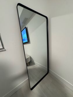 Black Framed Full-Length Leaning Floor Mirror, Rectangle Vertical Modern Bedroom