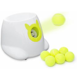 Automatic Ball Launcher, Adjustable Launch Distance, Including 6 Pack Small Sized Balls, Suitable for Small to Medium Sized Dogs (White)