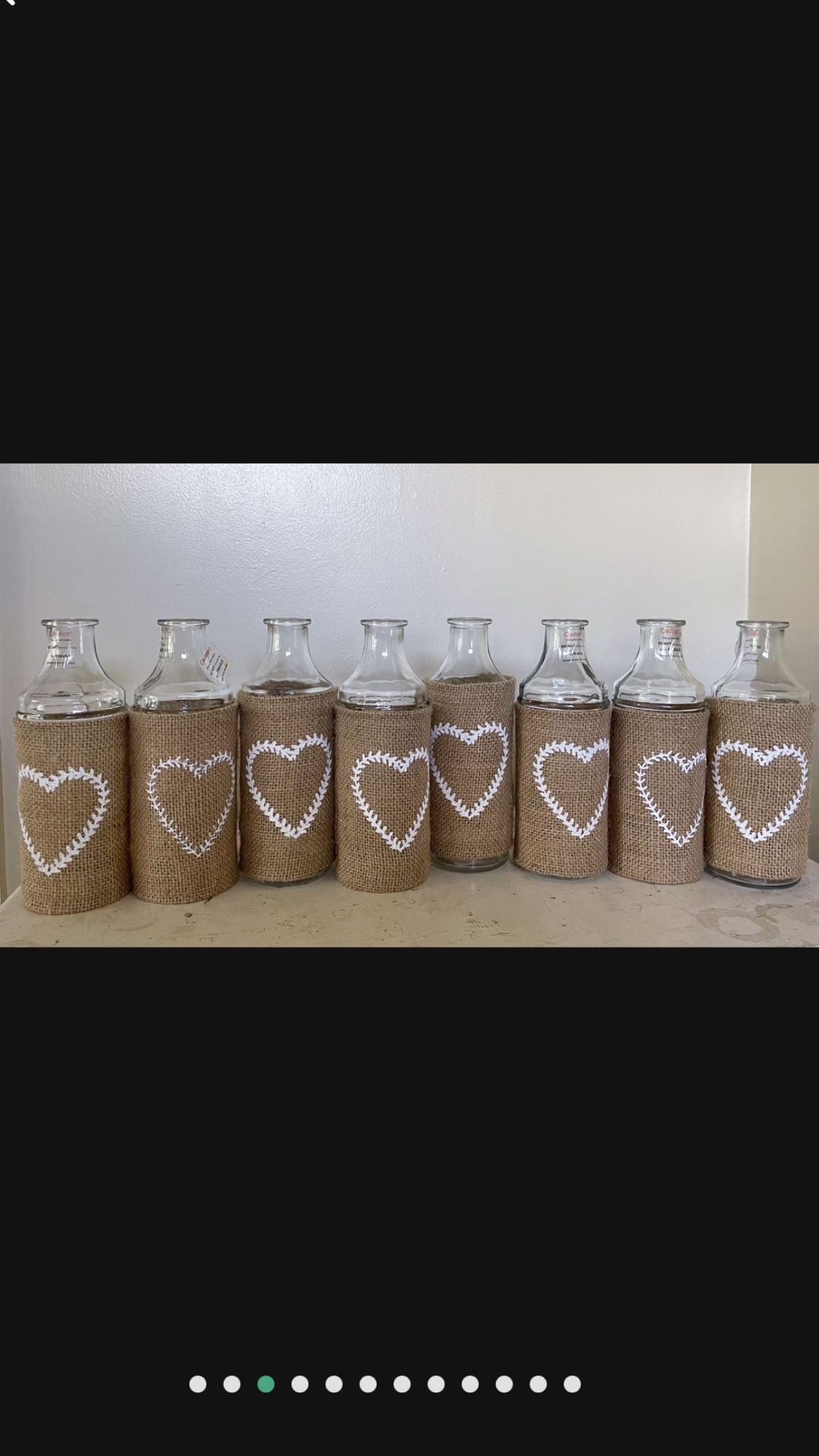 8 Glass Bottle w/ burlap and hearts - perfect for wedding decor! 