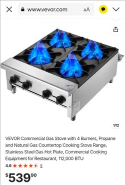 VEVOR Commercial Gas Stove with 4 Burners, Propane and Natural Gas Countertop Cooking Stove Range, Stainless Steel Gas Hot Plate, Commercial Cooking E