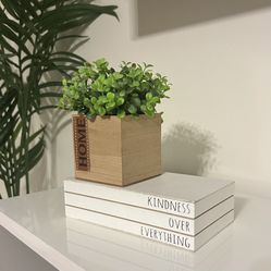 "Home" Green Artificial Plant With Brown Wood Pot