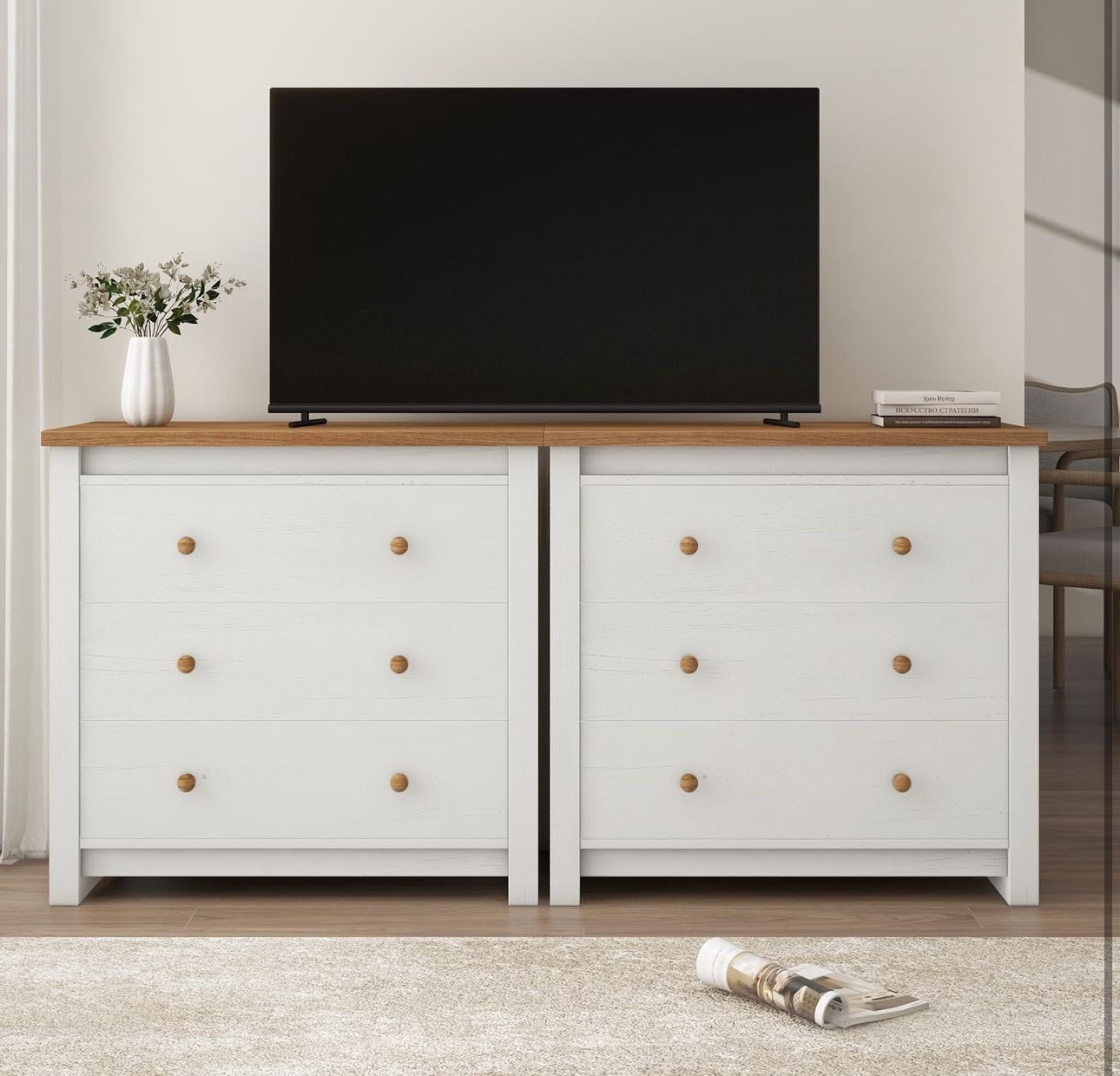 Set Of 2, Farmhouse 3 Drawer Dresser for Bedroom, Tall Modern Chest of Drawers, Wood Oak Storage Chest for Bedroom