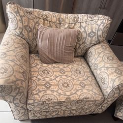 Tan/Grey Paisley Retro Vintage Sofa Arm Chairs (2)