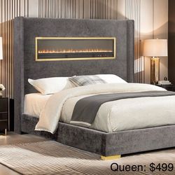 Queen Bed Frame With Fireplace Display