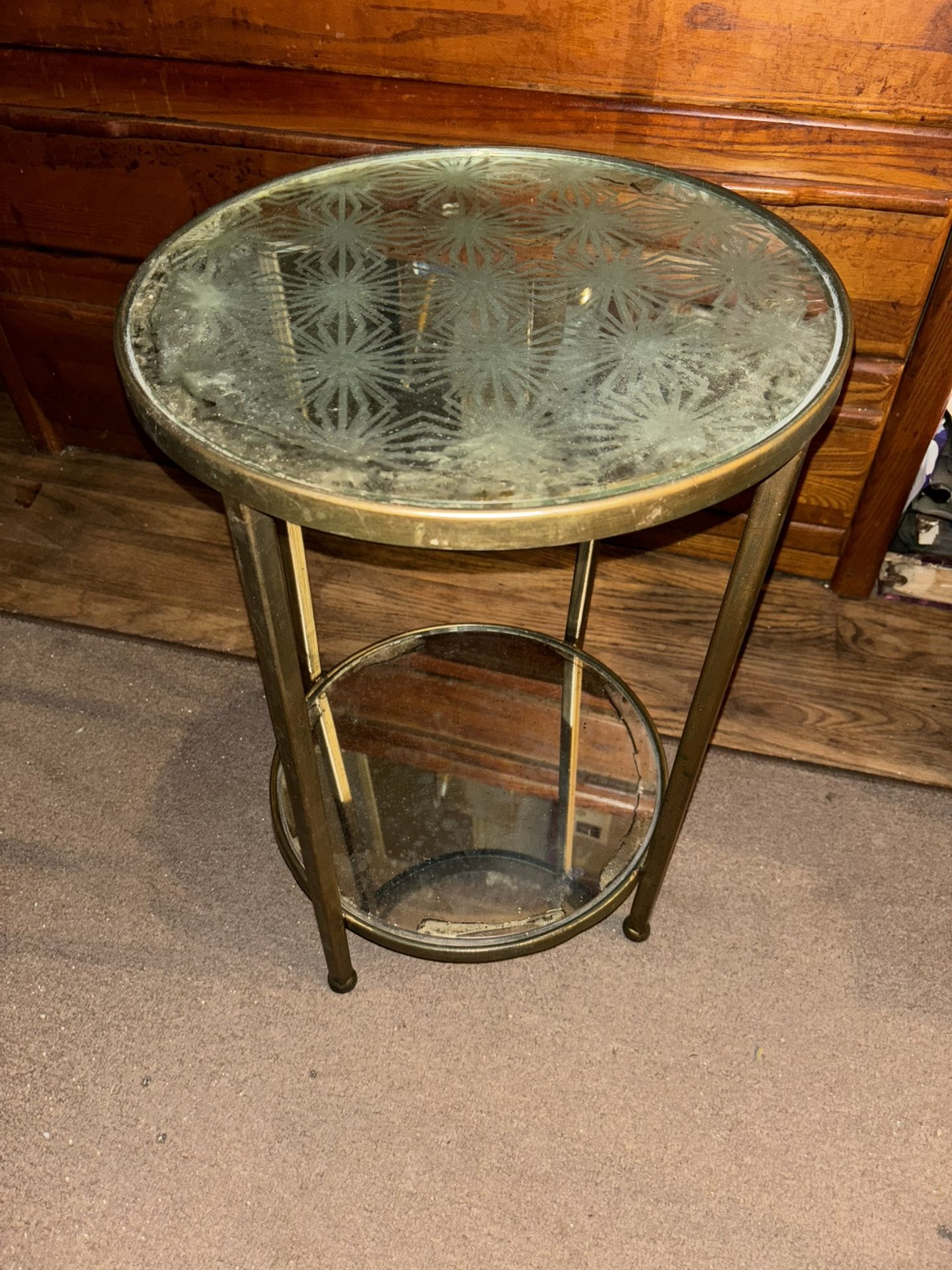 Small Vintage Round Gold & Glass End Decorative Table, Used
