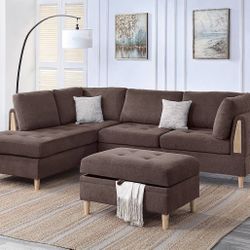 Brand New Chocolate 3pc Reversible Sectional Sofa With Storage Ottoman 