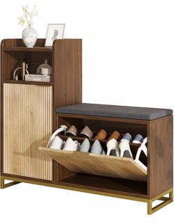 Vividwood 39" L-Shaped Shoe Storage Bench with Cushioned Seat, 2 Flip Drawer & Wave Door & Adjustable Shelves for Entryway (Natural & Brown)