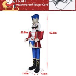 ✌️ 5FT Lighted Nutcracker with Drum for Christmas Decoration, Pre-Lit 3D Iridescent Soldier Xmas Decor with 100 Warm White Lights, Glittered Standing 