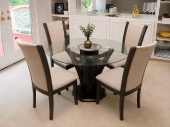 Modern Glass Dining Table Set w/ Upholstered Chairs & Pedestal Base Table - Excellent Condition