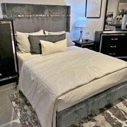Queen bed grey velvet silver details corduroy NEW BED gray